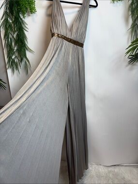 Jovani Silver Metallic Plunge V-Neck Jumpsuit with Gold Waist Detail